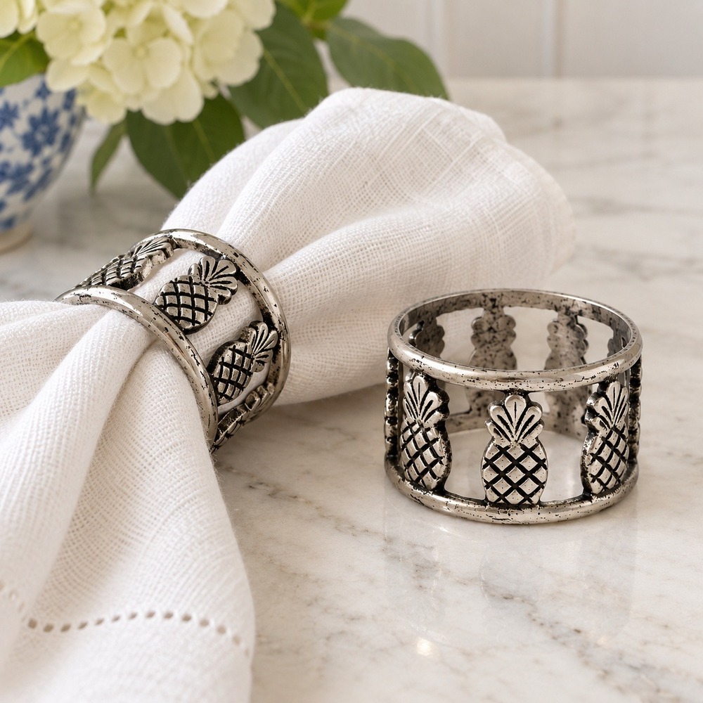 Pineapple Napkin Rings Set of 2 Pier 1 Silver Tone Metal NWT Table Decor